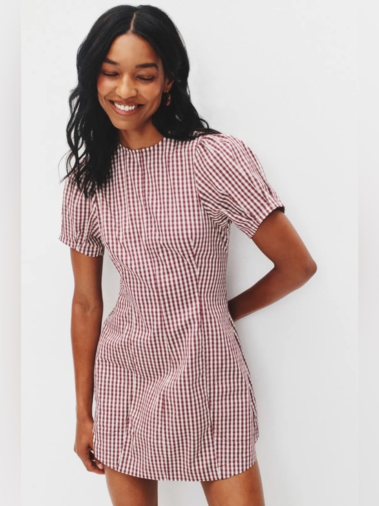 Dresses & Skirts - Weworewhat Gingham puff sleeve Short Sleeve Mini Dress in Burgundy NWT
